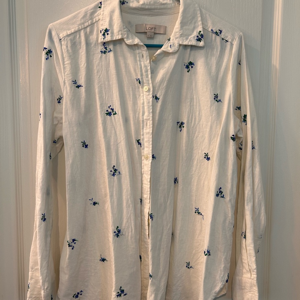LOFT Cream Button-Down with Blue Floral Design